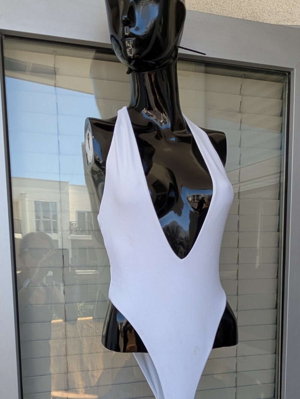 White Deep V Halter Bodysuit Top - Unbranded